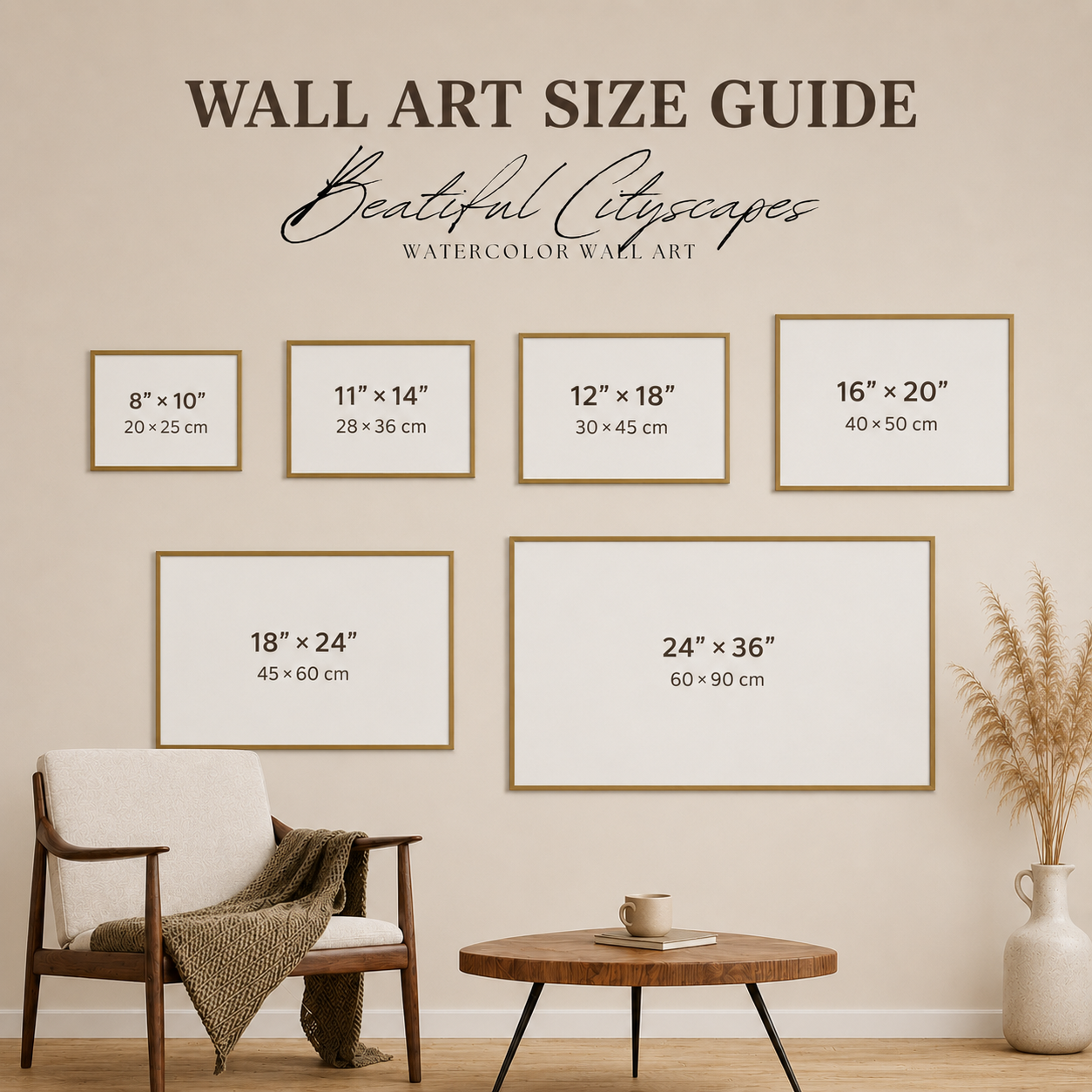 Watercolor print size guide comparing 8x10 through 24x36 dimensions